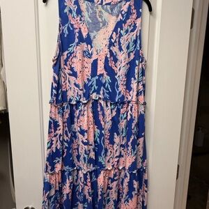 Lilly Pulitzer Blue and Pink Coral Print Midi Dress. Sz XL lightly worn